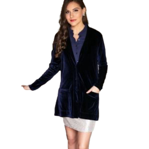 Evy’s Tree Velour Cardigan Jacket Navy Blue  S Open Front Long Sleeve Pockets - Picture 1 of 6